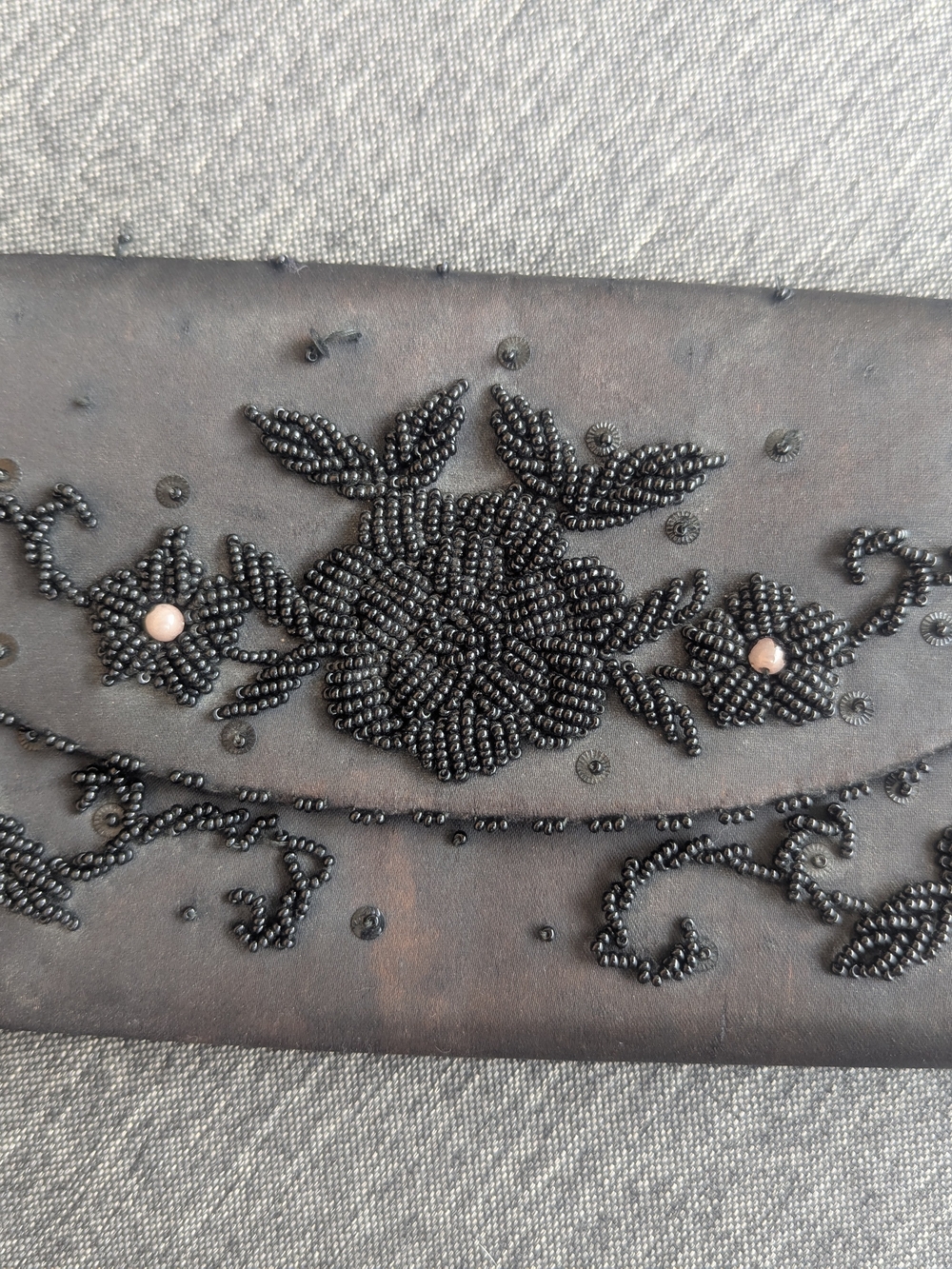 Vintage Hand-Beaded Black Floral Evening Clutch